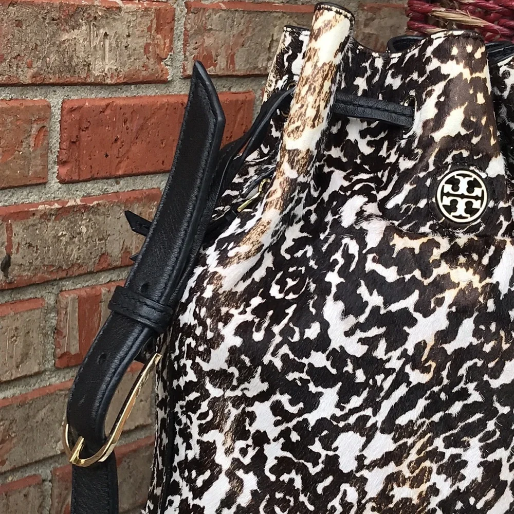 TORY BURCH Distressed Animal Print Dyed Haircalf Fur Bucket Purse
